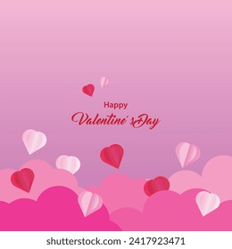 Background design with paper cut clouds. Place for text. Happy Valentine's Day sale header with hanging hearts.