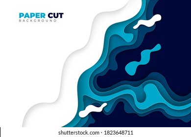 background design with paper cut shapes, blue color