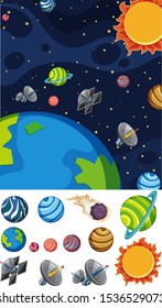 Background design with planets and sun in space illustration