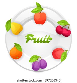 Background design with plate and stylized fresh ripe fruits.