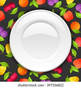 Background design with plate and stylized fresh ripe fruits.