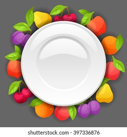 Background design with plate and stylized fresh ripe fruits.