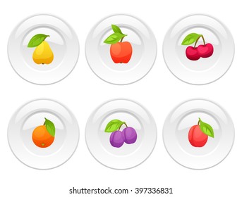 Background design with plates and stylized fresh ripe fruits.