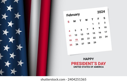 Hintergrund-Design für den Präsidententag mit US-Flagge und Kalender im Februar 2024. Vektorgrafik.