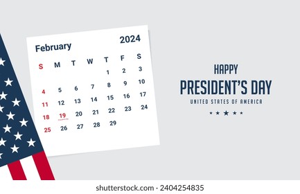 Hintergrund-Design für den Präsidententag mit US-Flagge und Kalender im Februar 2024. Vektorgrafik.