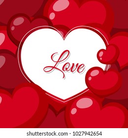 Diseño de fondo con corazones rojos e ilustración de amor de palabra