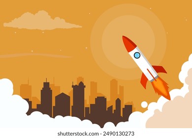 Background design of a rocket launching in the middle of a city with summer themed colors. A creative illustration concept of city growth.