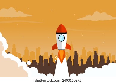 Background design of a rocket launching in the middle of a city with summer themed colors. A creative illustration concept of city growth.