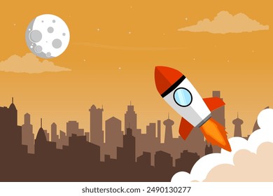 Background design of a rocket launching in the middle of a city with summer themed colors. A creative illustration concept of city growth.