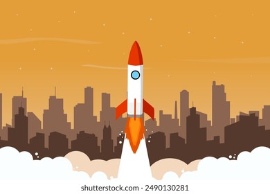 Background design of a rocket launching in the middle of a city with summer themed colors. A creative illustration concept of city growth.