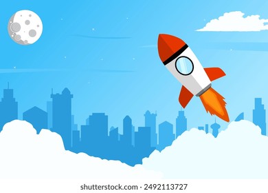 Background design of a rocket launching in the middle of a city with blue color. A creative illustration concept of city growth.