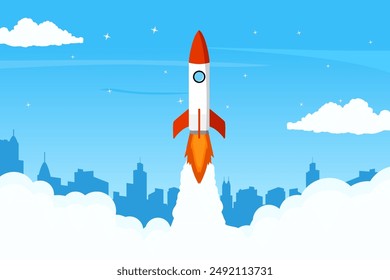 Background design of a rocket launching in the middle of a city with blue color. A creative illustration concept of city growth.