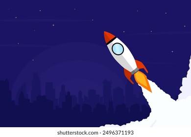 Background design of a rocket launching in the sky. A creative illustration concept about growth.