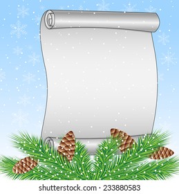 background for a design, sheet of paper and branch of christmas tree with cones,vector illustration