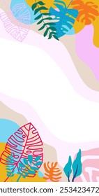 Background design for social media. Abstract illustration with jungle exotic leaves, colorful design, trendy editable template for social network stories. vector 