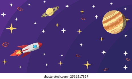 Background design with space concept, with rockets, Jupiter, Saturn, stars, and galaxies as elements.