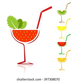 Background design with strawberry and lemon fruit drinks besides melon and kiwi beverages against a white background