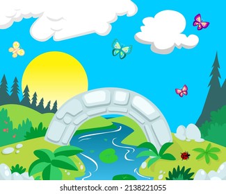 Background for design. Summer landscape with bridge, river, meadow, forest and butterflies. Vector full color illustration in cartoon style.