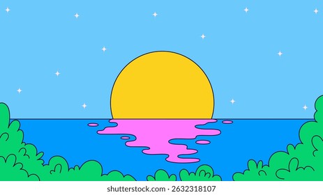 Background design sun rising or setting over a calm blue ocean, casting a surreal pink reflection across the water for nature themes, travel, fantasy backdrops