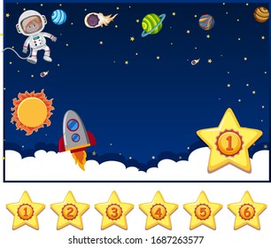 Background design template with astronaut and many planets illustration