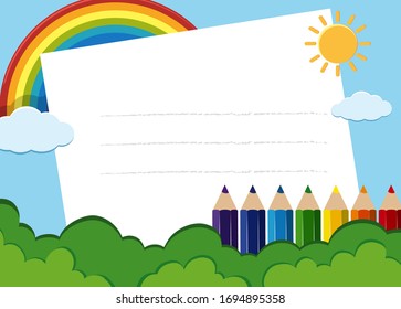 Plantilla de diseño de fondo con lápices de colores en ilustración de jardín