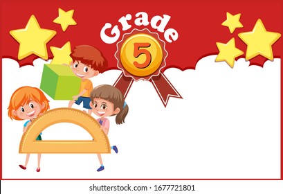 Background design template for grade 5 with three happy kids illustration