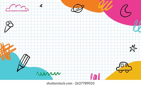 Background design template for kindergarten and elementary school, various children's doodles and drawings on a bright background. Elements drawn with crayons and chalks.