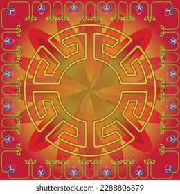 the background design template,chinese circle window pattern.red and gold color with flower border.is suitable for your businesspromotion and presentation background.