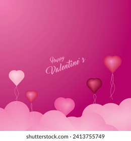 Background design with three-dimensional hearts and clouds. Place for text. Happy Valentine's Day sale header.