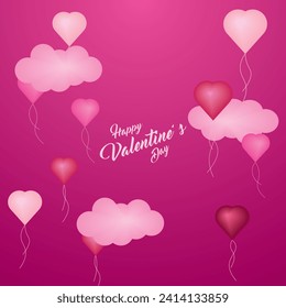 Background design with three-dimensional hearts and clouds. Place for text. Happy Valentine's Day sale header.