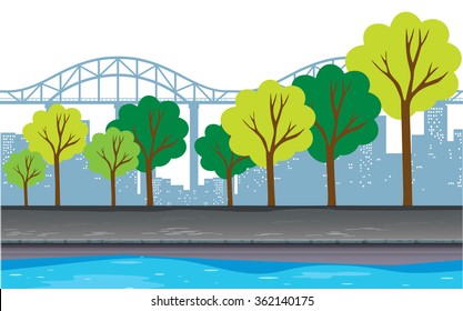 Background design with trees and buildings illustration