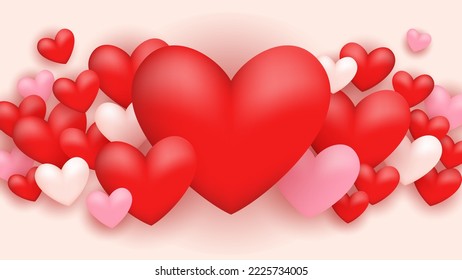 Background design for Valentine's Day with many realistic hearts. Love themed background with red, pink, and white hearts.