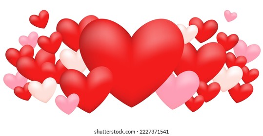 Background design for Valentine's Day with many realistic hearts. Love themed illustration with red, pink, and white hearts on white background.