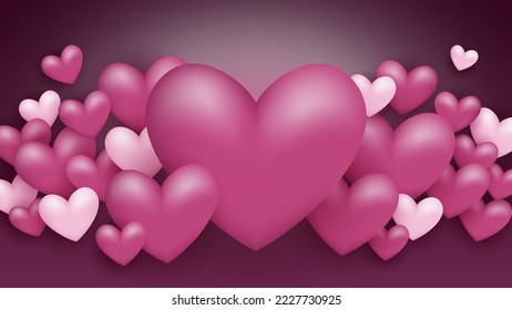 Background design for Valentine's Day with many realistic hearts. Love themed illustration with dark and light pink hearts on dark background.