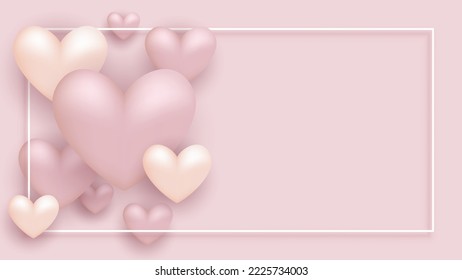 Background design for Valentine's Day with realistic muted pastel pink and white hearts and rectangle frame.