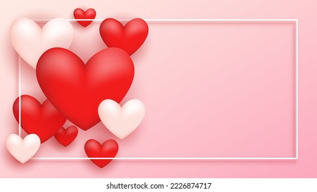Background design for Valentine's Day with realistic red and white hearts and rectangle frame.