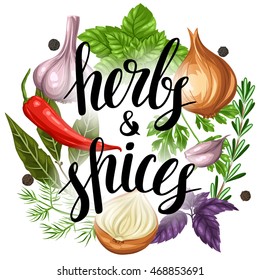 Background design with various herbs and spices.
