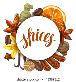 Background design with various spices. Illustration of anise, cloves, vanilla, ginger and cinnamon.