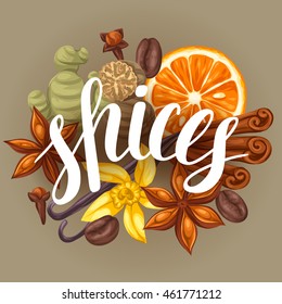 Background design with various spices. Illustration of anise, cloves, vanilla, ginger and cinnamon.