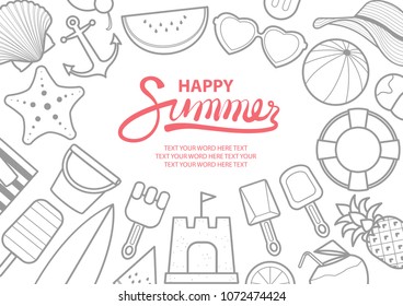 Background design vector illustration for Summer with space for text. Beach stuff in gray outline surround pink text at the middle of picture.