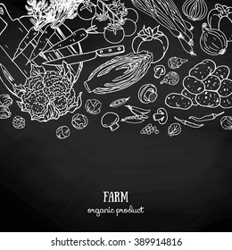 Diseño de fondo con verduras.Dibujo en blanco y negro. Pancarta de verduras orgánicas cultivadas en la pizarra