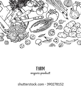 Background design with vegetables. Black and white sketch. Farm organic vegetables banner 