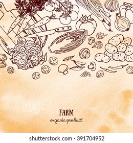 Background design with vegetables. Brown colors watercolor sketch. Farm organic vegetables banner 