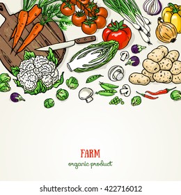Background design with vegetables sketch. Farm organic vegetables banner 