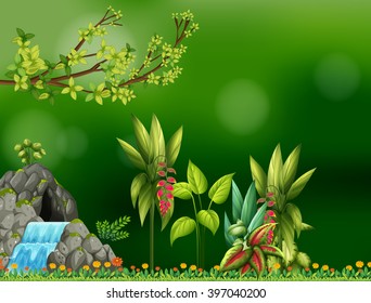 Background design with waterfall and cave illustration