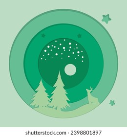 Background design with winter paper cut composition with deer in circle shape.