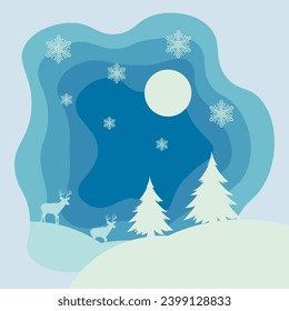 Diseño de fondo con composición de corte de papel de invierno con ciervos y pinos