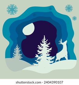 Background design with winter paper cut composition with deer and pine trees