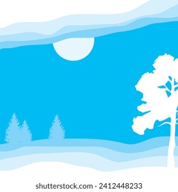 Background design with winter paper cut composition with deer and pine trees