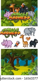 Background design for word jungle madness with animals in forest illustration